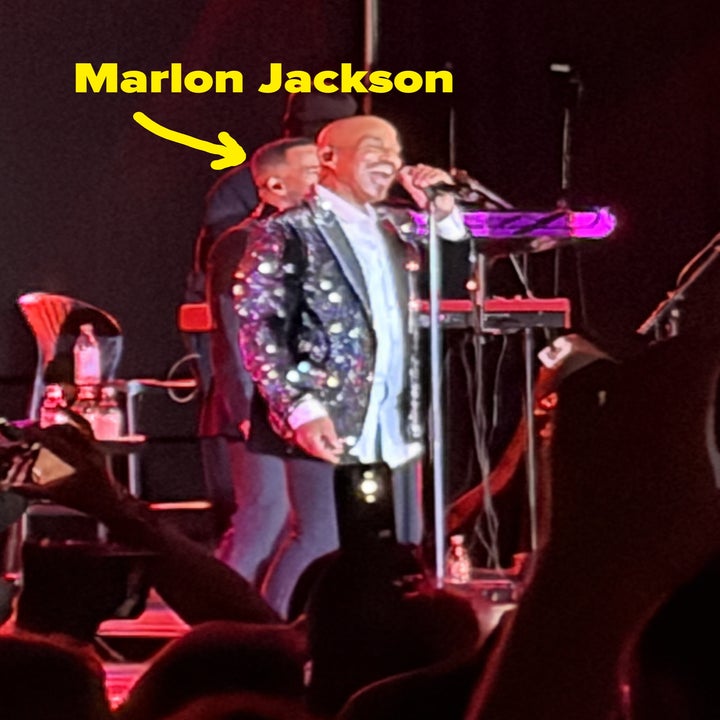 A performer on stage wearing a sparkling suit jacket sings passionately into a microphone during a live concert