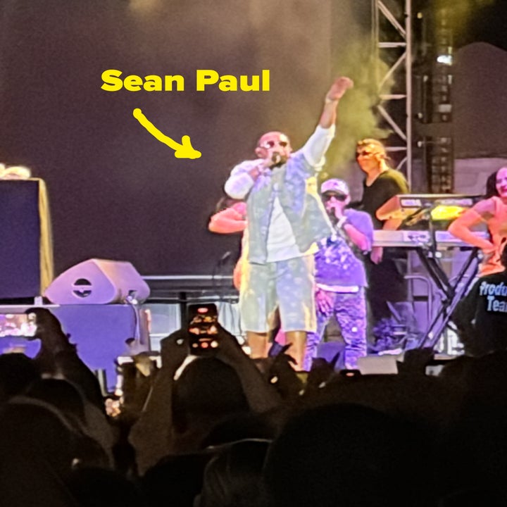 Performer on stage wearing casual attire, engaging a lively crowd at a concert, with a band playing in the background