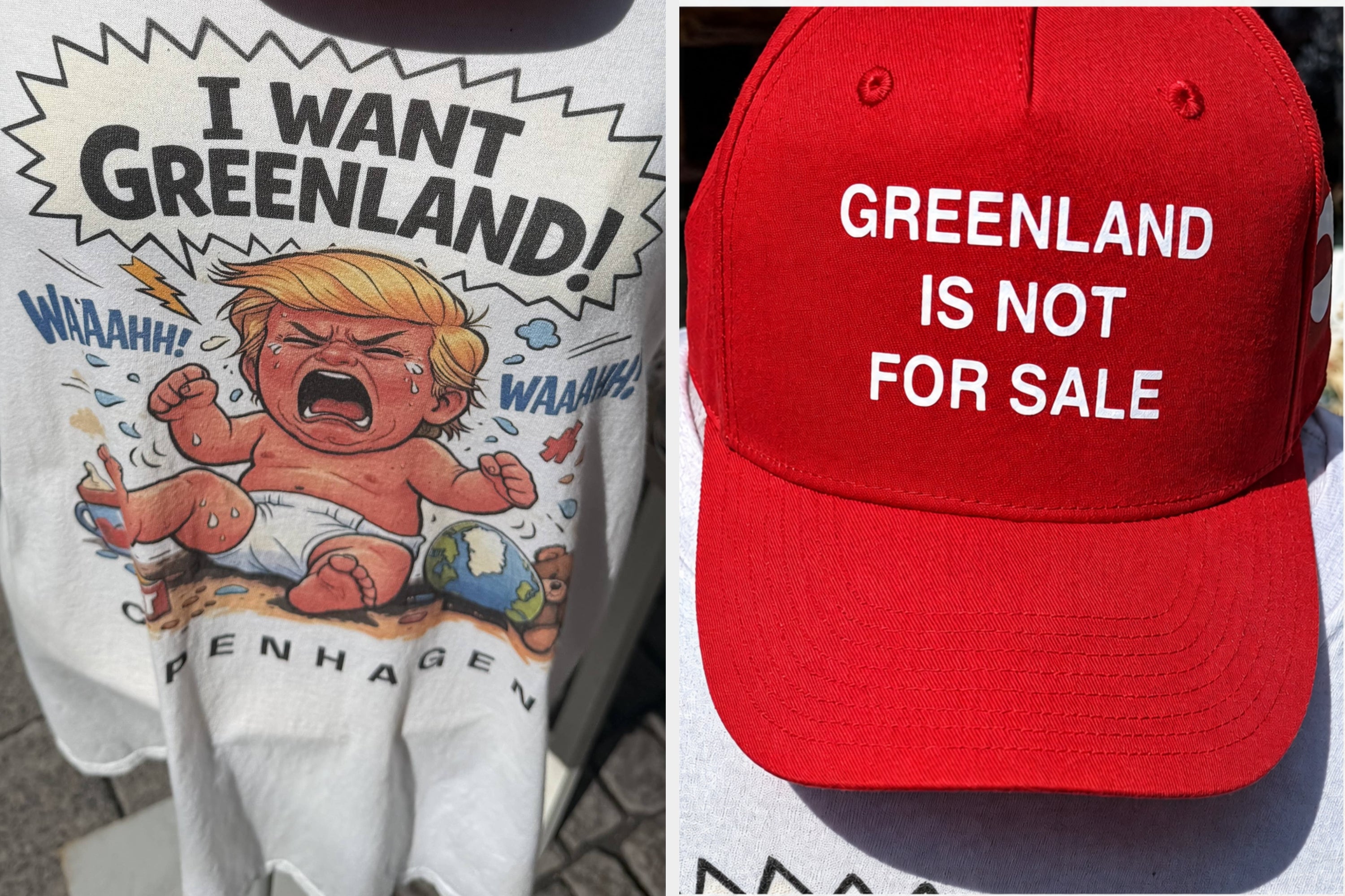 T-shirt with cartoon baby crying, saying "I want Greenland!", and a red cap stating "Greenland is not for sale."