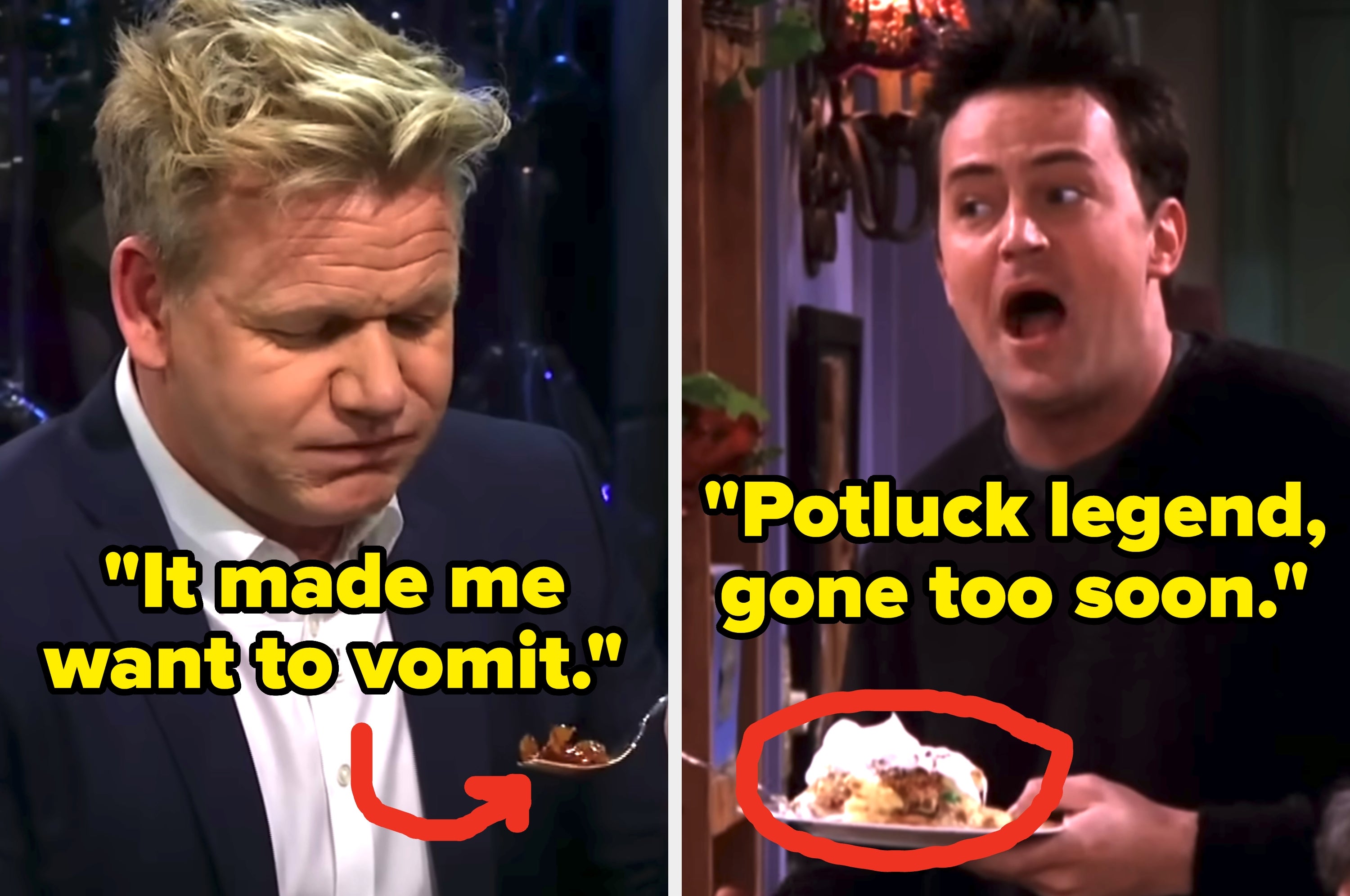 Sloppy joe sandwich next to a jar of pickled pig's feet, with a bold text overlay stating, "Made me want to vomit."
