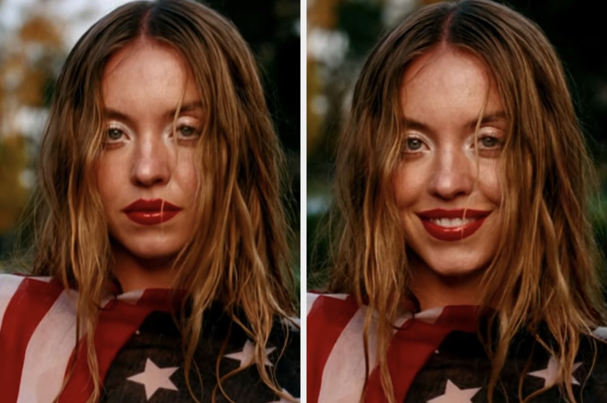 Sydney Sweeney posing with a wet American flag draped around her
