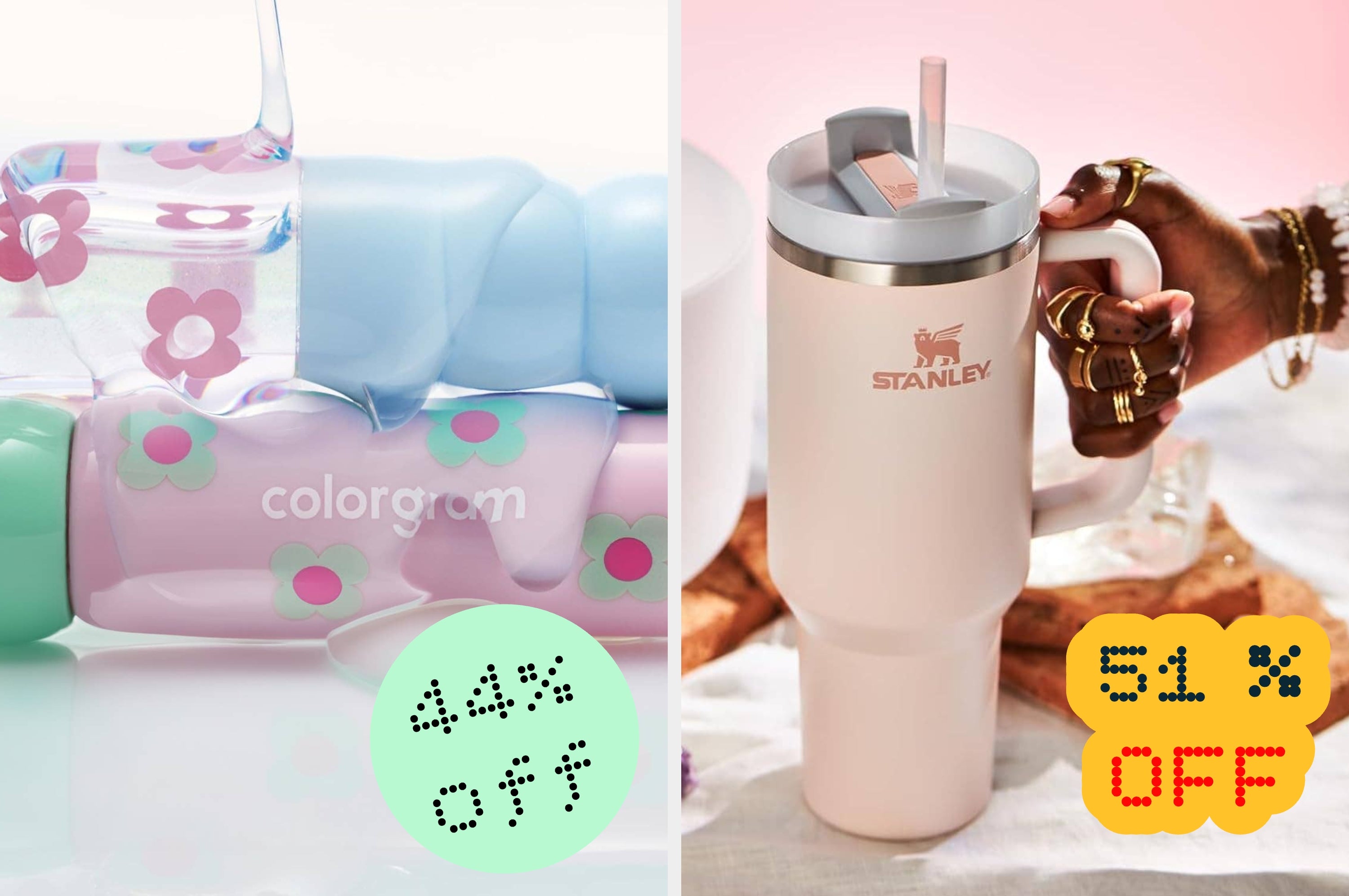 Nail polishes with floral designs by Colorgram on the left, and a large pale pink Stanley mug held by a hand with jewelry on the right
