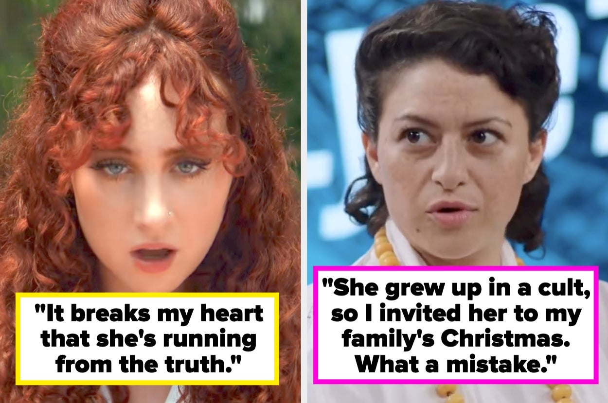 Two women with emotional expressions. Left: "It breaks my heart that she's running from the truth." Right: "She grew up in a cult, so I invited her to my family's Christmas. What a mistake."