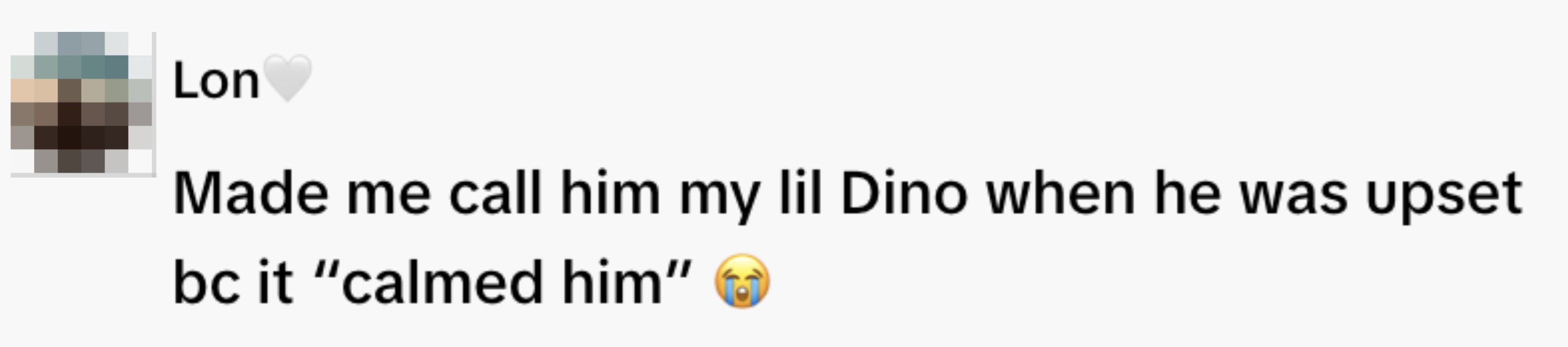  "Made maine  telephone  him my lil Dino erstwhile   helium  was upset bc it 'calmed him'" followed by a crying look   emoji