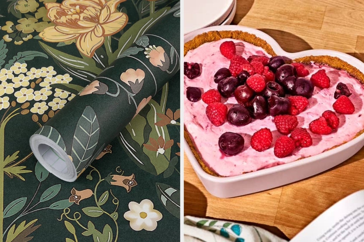 Left: Floral wallpaper roll on a table. Right: Heart-shaped dessert with raspberries and cherries on top