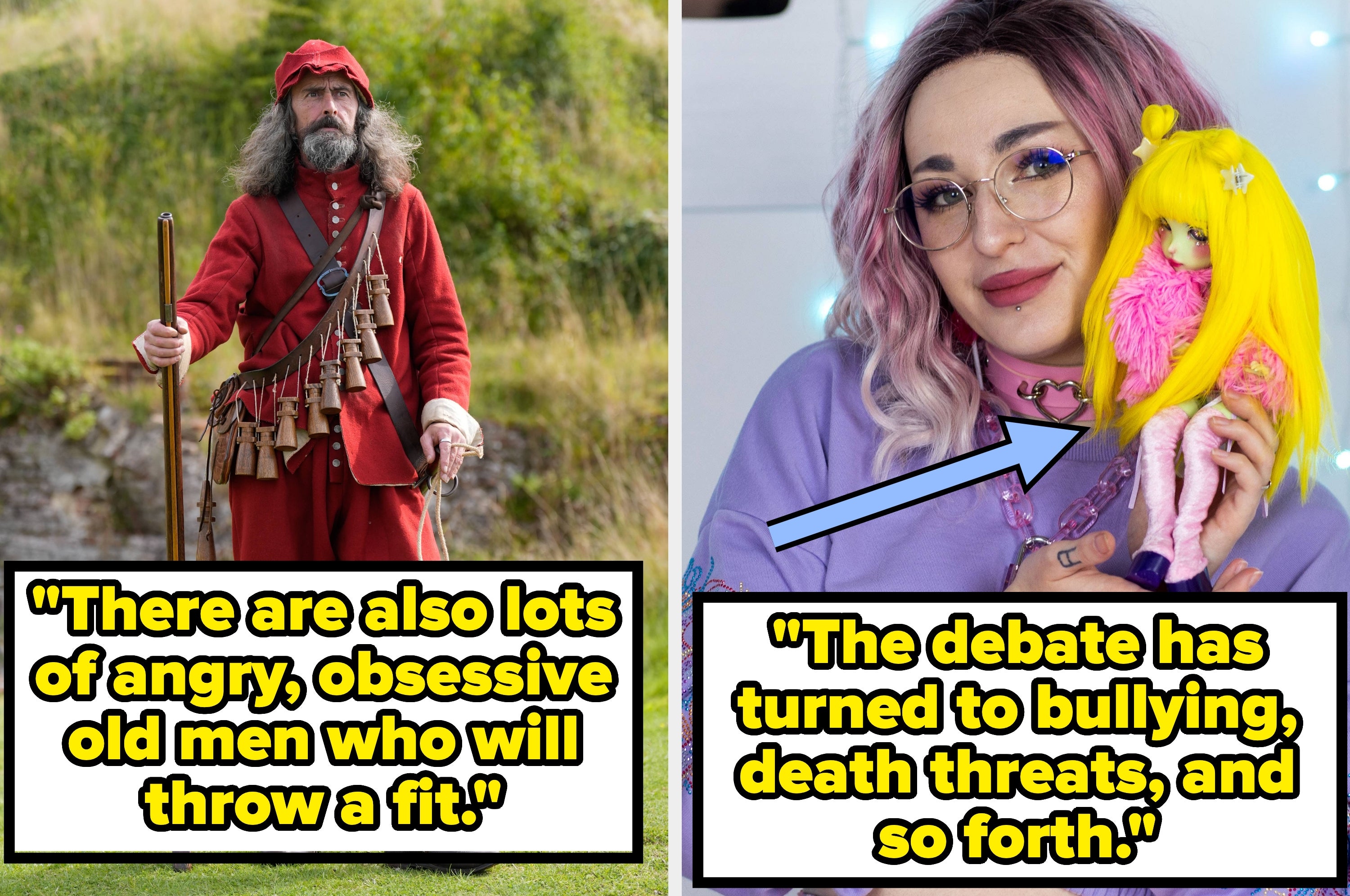 Left: Historical reenactor in traditional attire. Right: Person with colorful hair holding a doll. Quotes about online controversy