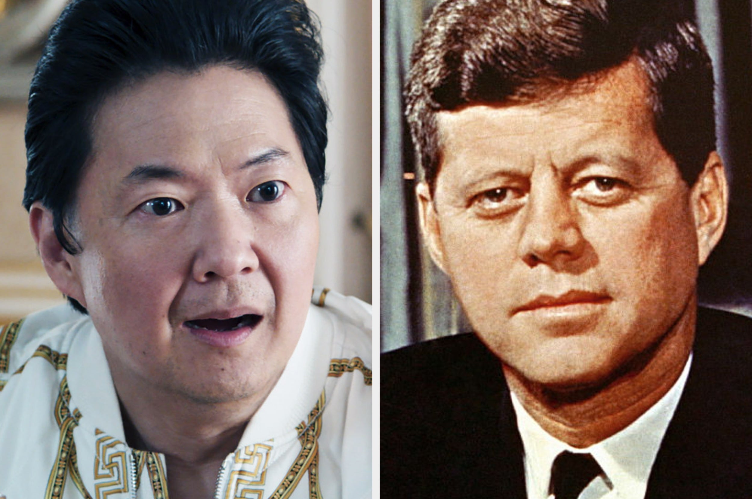 Two photos: Left, a man with a surprised expression. Right, a historical figure in a suit
