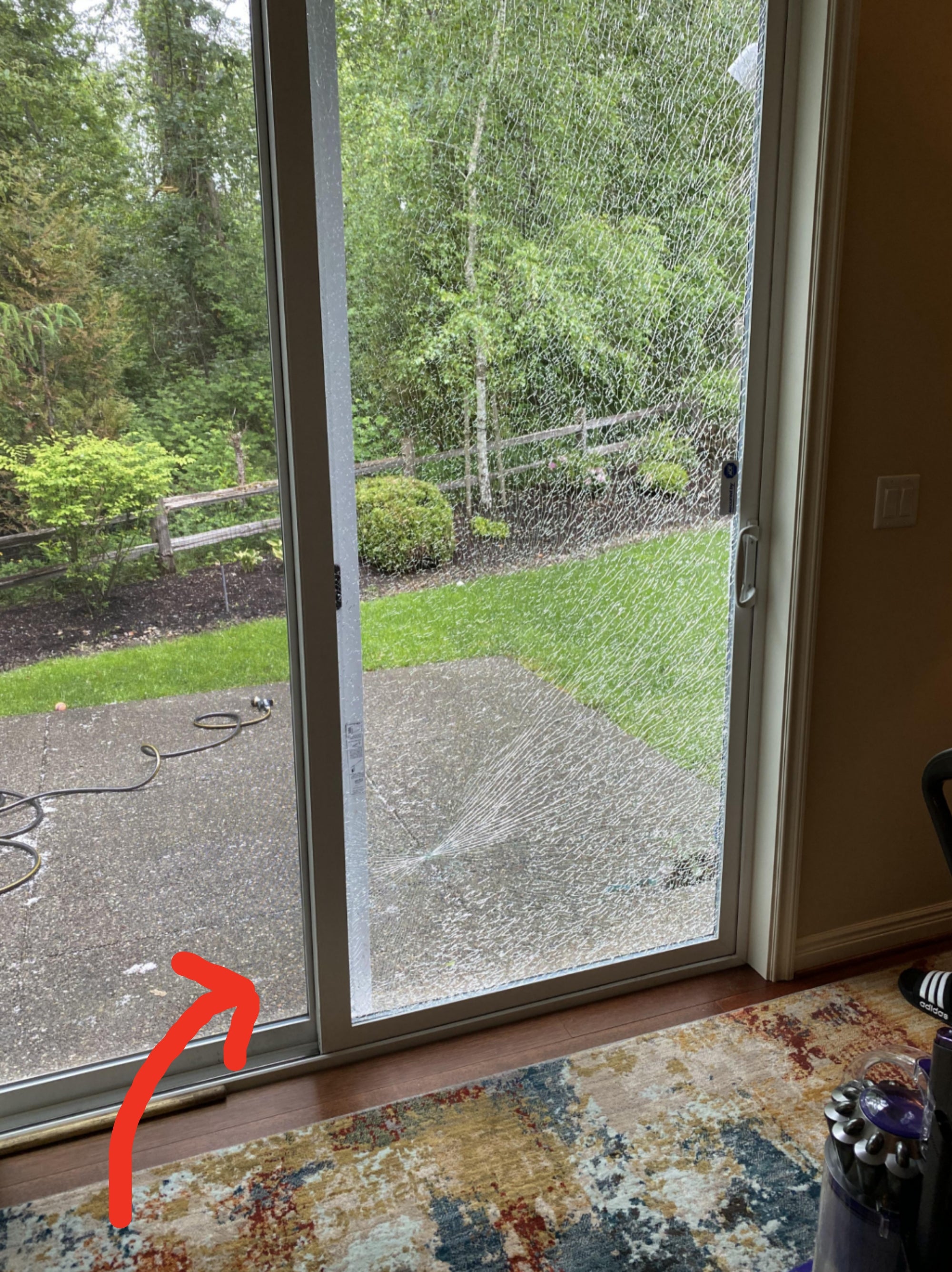 Cracked glass sliding door looking out to a garden and patio, showing a spiderweb pattern in the glass