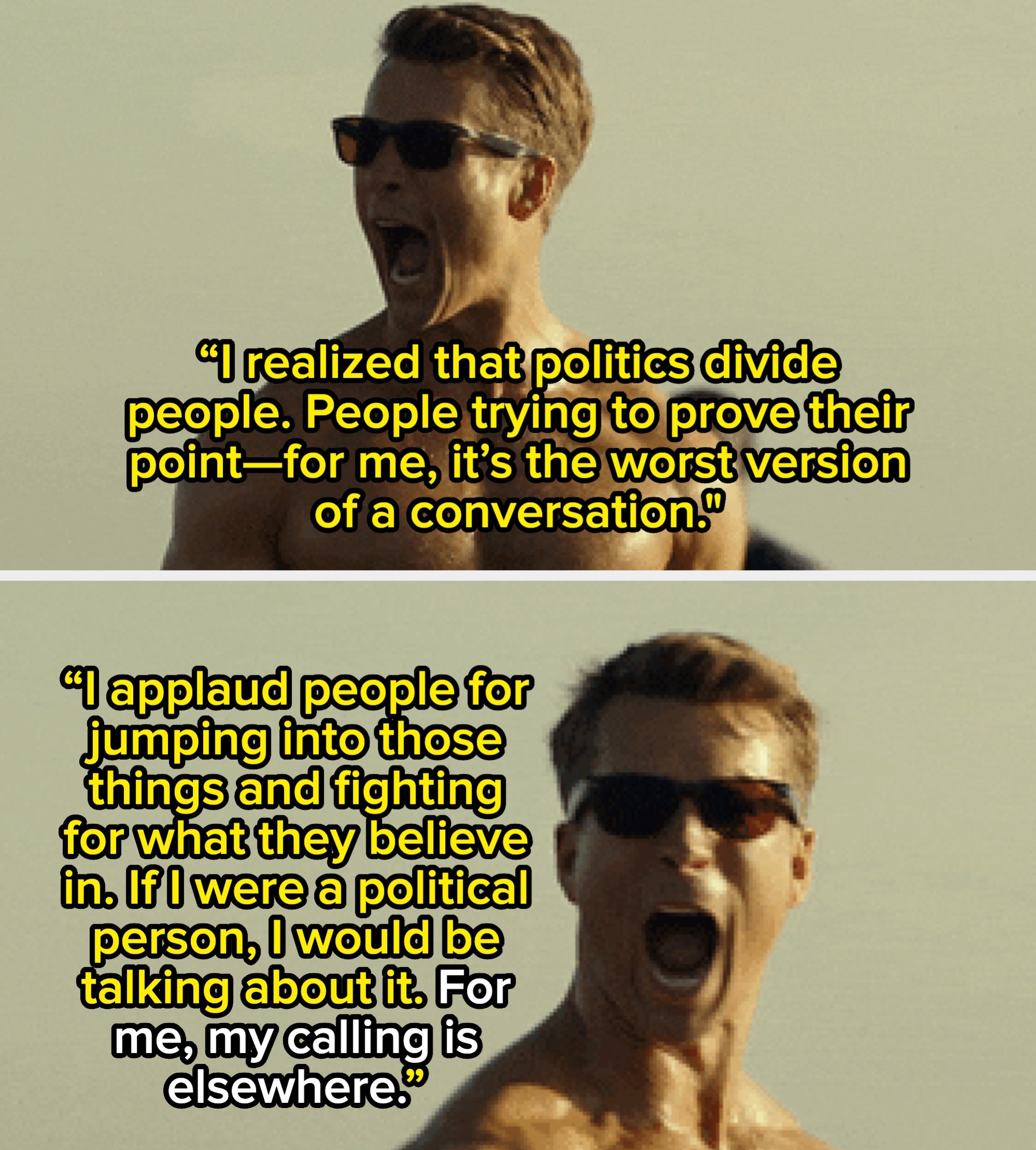 Man wearing sunglasses, shirtless, seemingly shouting oregon  celebrating astatine  the beach, with "Top Gun Maverick" substance   successful  the corner