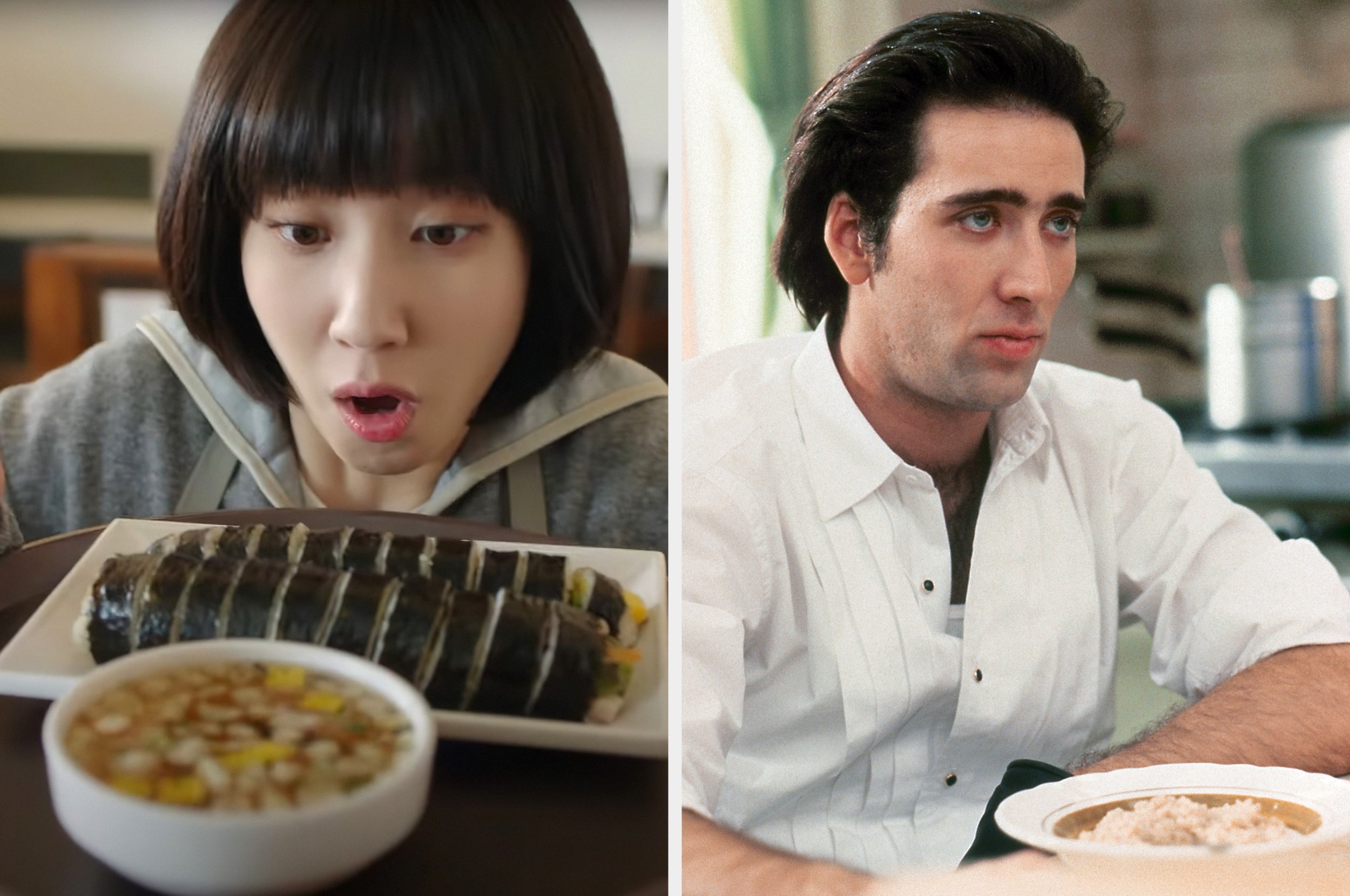 Woman surprised by kimbap and soup; man in white shirt looks attentively at oatmeal