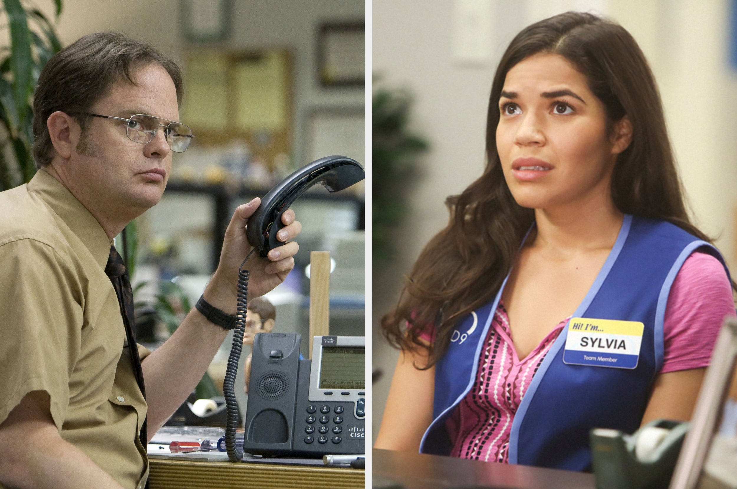 Two television characters: one in an office setting holding a phone, and another in a store setting wearing a blue vest with a name tag