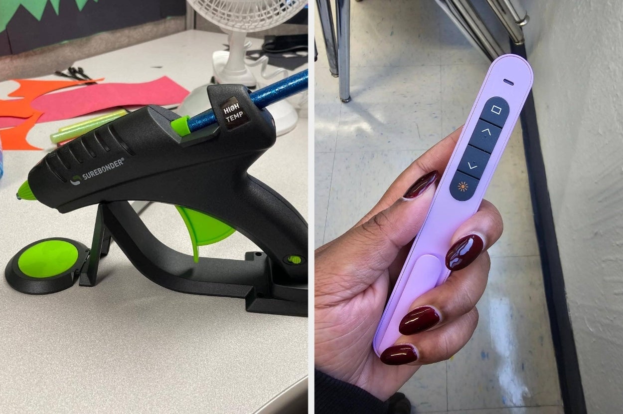 A high-temp glue gun with stand next to a hand holding a modern presentation remote with buttons