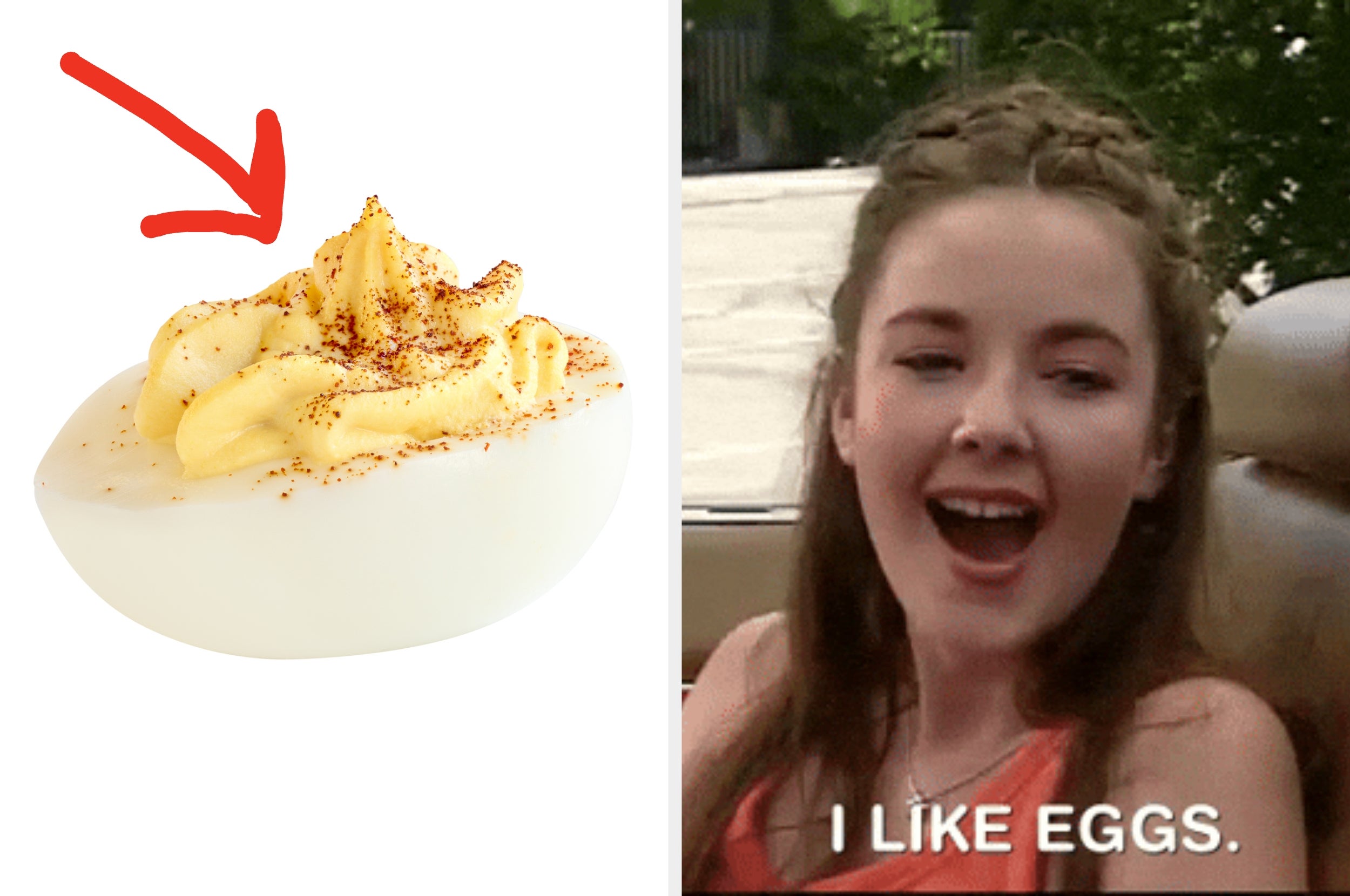 Split image: Left shows a deviled egg with paprika; right shows a girl smiling with caption "I like eggs."