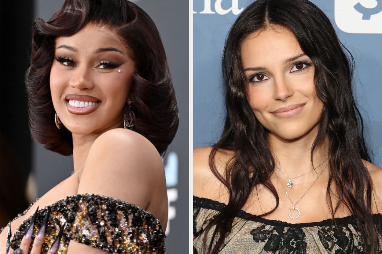 Two women at an event. Left: in a sequined gown, styled hair. Right: in a lace-like dress, wavy hair. Smiling at the camera