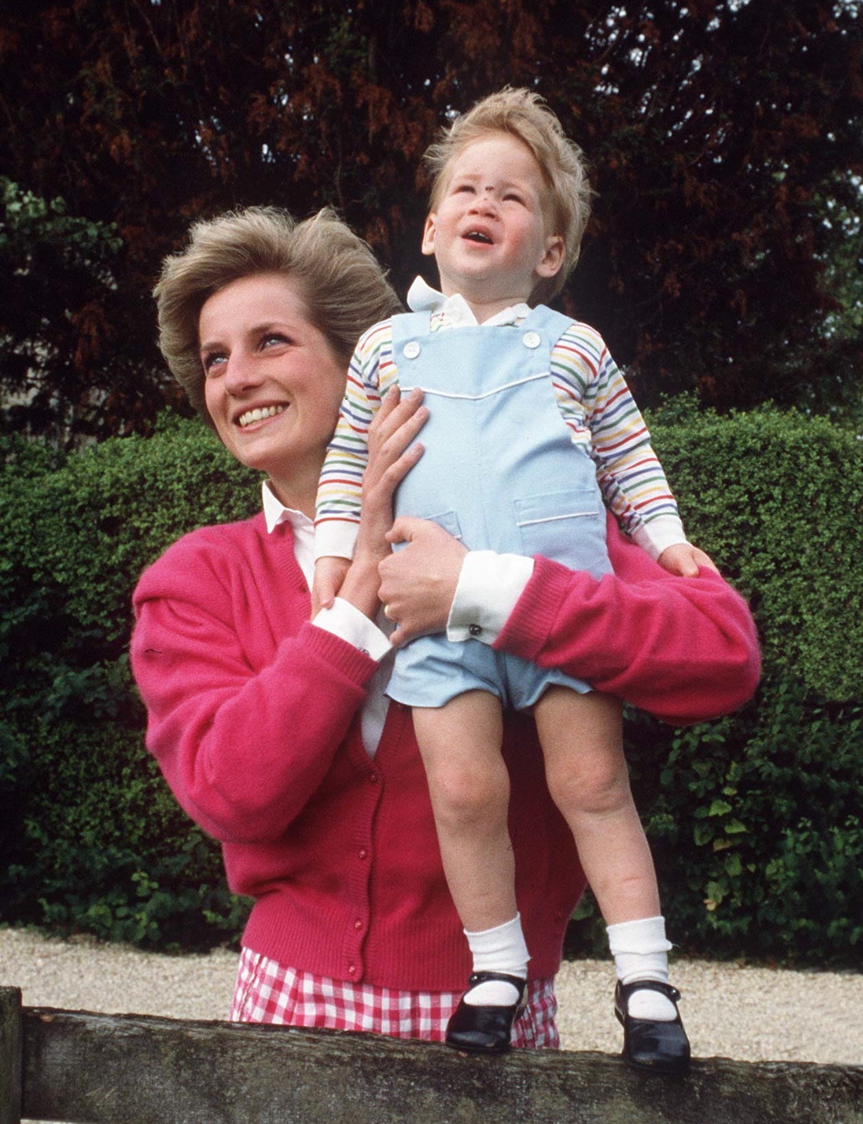 Princess Diana holding Prince Harry while he stands on a fence