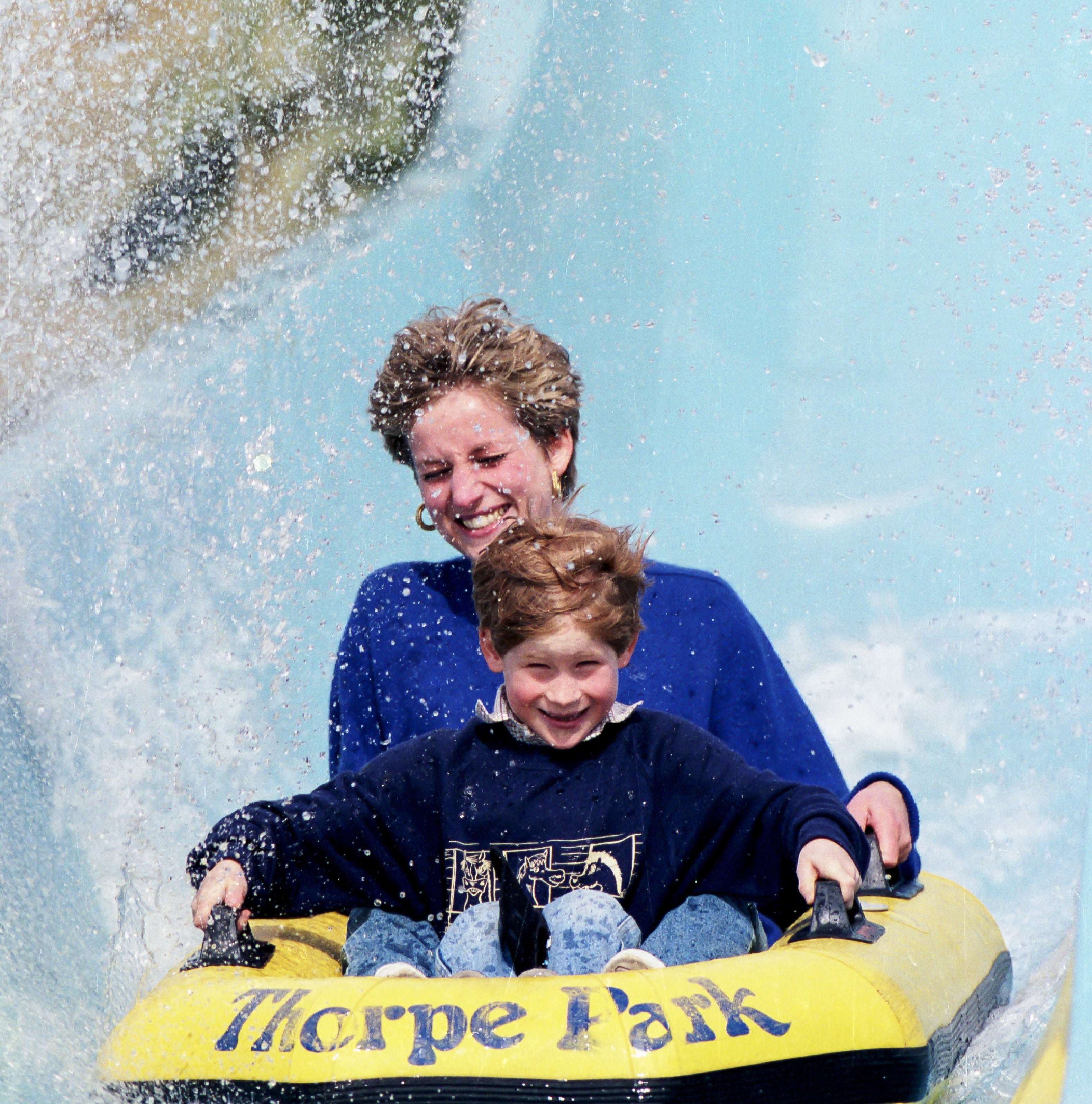 Princess Diana and Prince Harry on a water ride at Thorpe Park