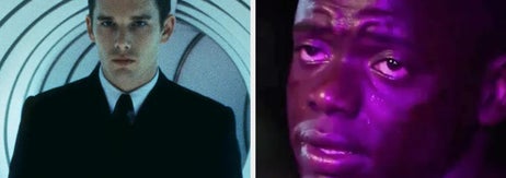 Split image: Left shows a character in a futuristic suit, right shows a distressed character in purple lighting