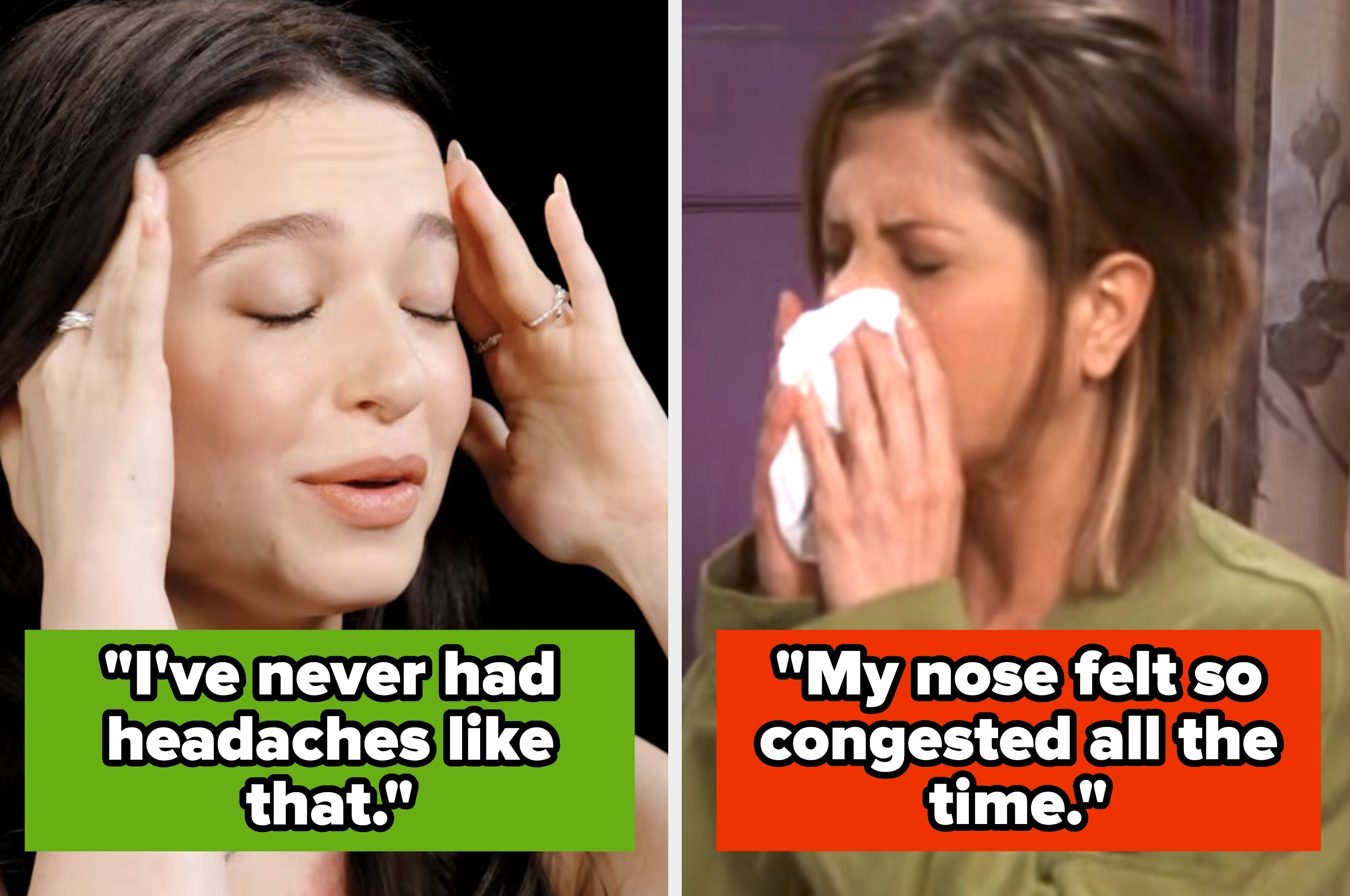 Two women side by side; one touching temples, appearing stressed, the other sneezing into a tissue