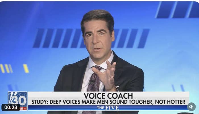 Man in a suit on a talk show discussing a study on deep voices, with text overlay about voice perception