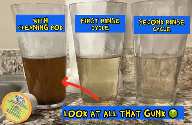 A cleaning pod and 3  cups connected  a reviewer's counter, the archetypal  is precise  brownish  h2o  labeled 