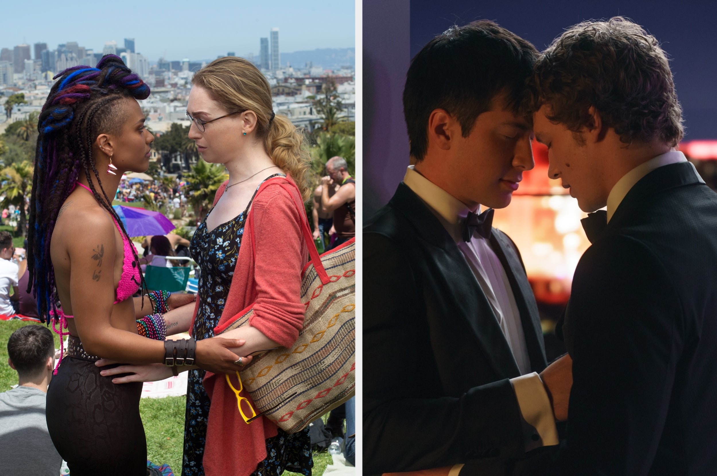 Two couples standing face to face in separate scenes; one outdoors, the other at an evening event in formal attire