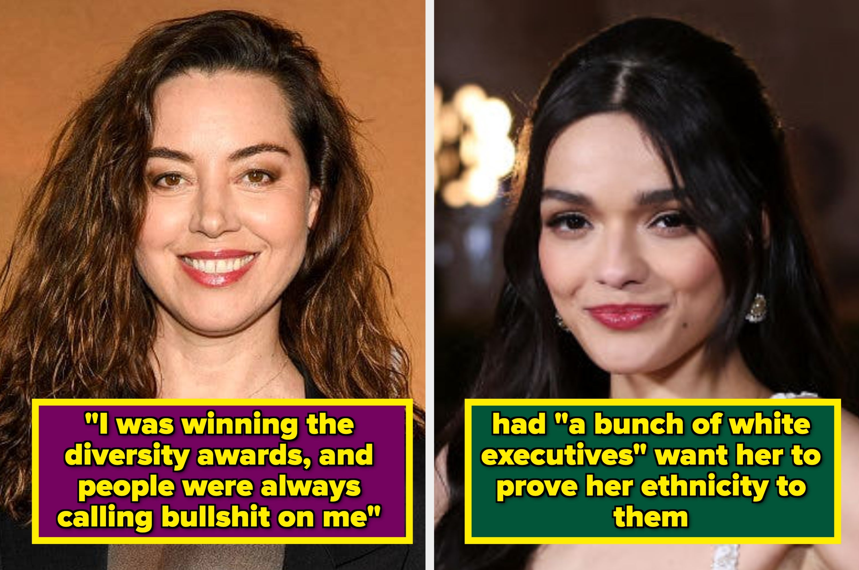 Two women on a yellow text box split image. Left: Smiling woman. Quote: "I was winning the diversity awards...". Right: Woman in formal attire. Quote: "had a bunch..."