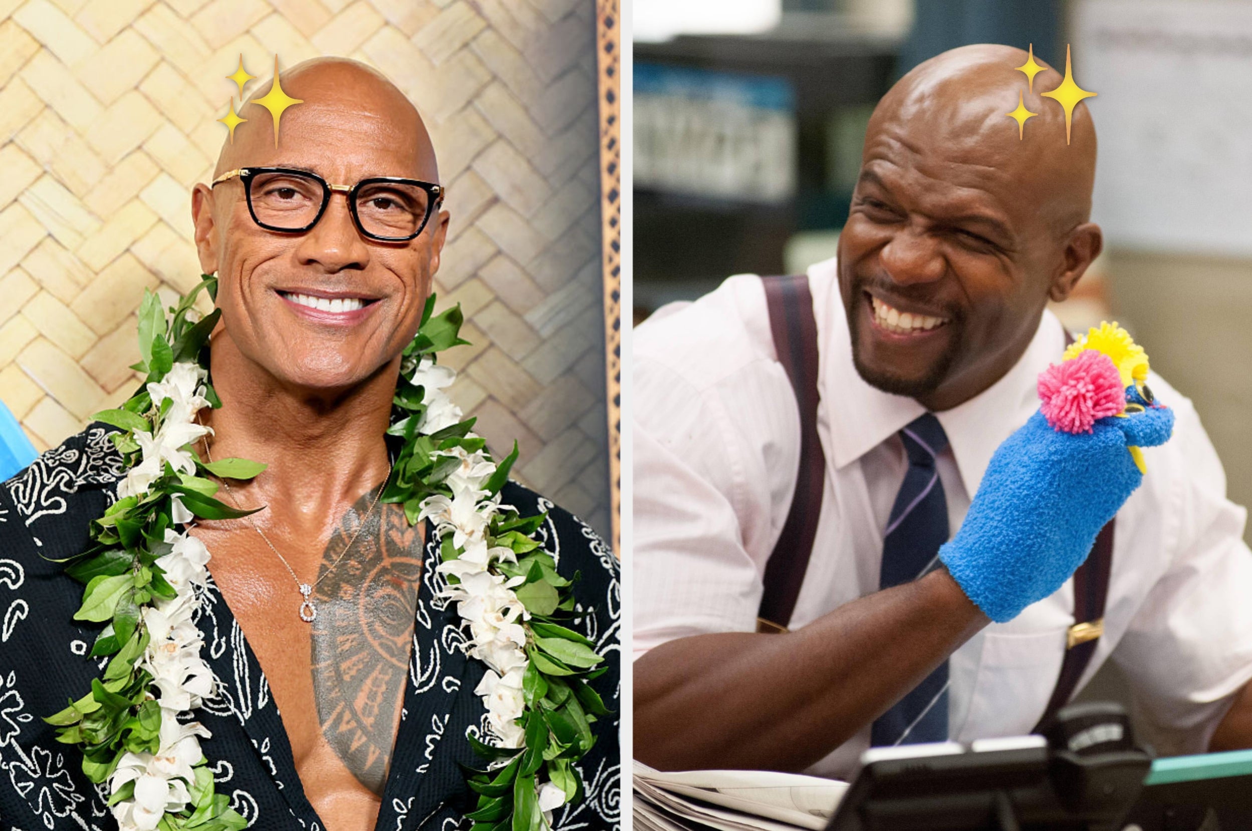 Two smiling men: one wearing a floral lei, the other in a shirt and tie with colorful gloves, both exude joy and charisma in a lively setting
