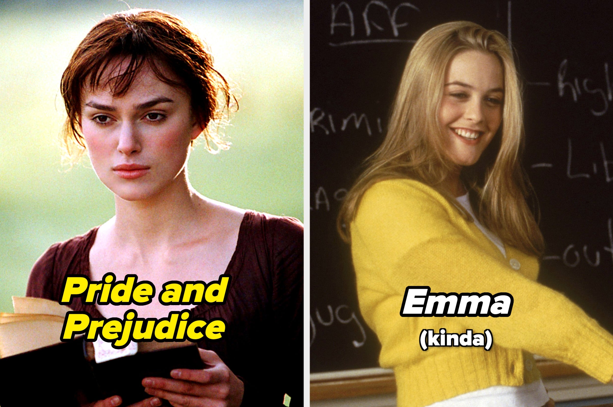 A split image of two scenes: the left depicts a classic period movie, and the right shows a modern adaptation, both related to Jane Austen's works