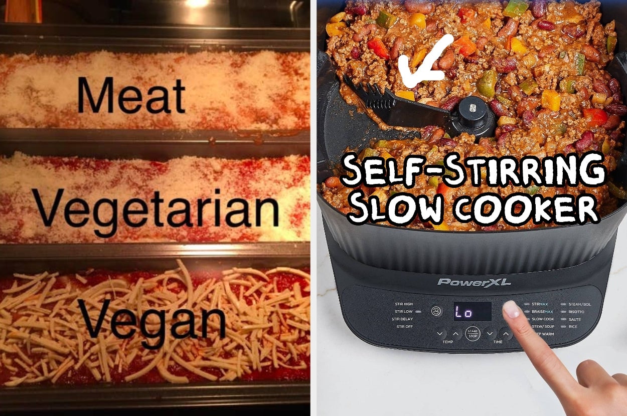 Lasagna options labeled meat, vegetarian, vegan on left; self-stirring slow cooker with chili on right. Featured in shopping article