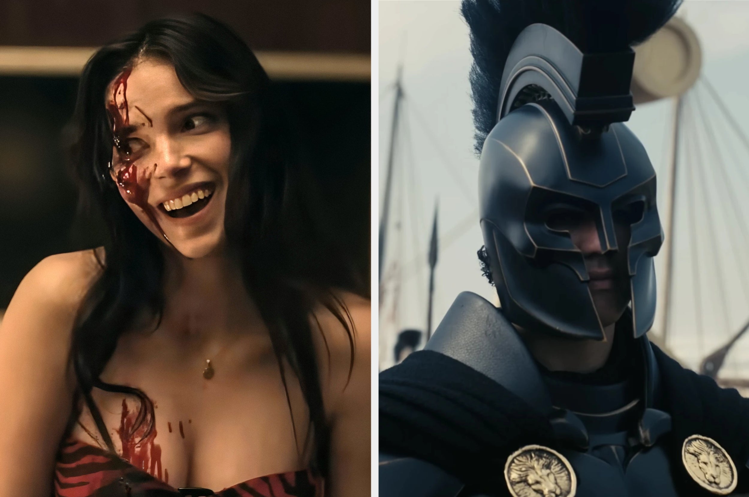 A woman with fake blood and a Roman soldier in armor. Discussion on dramatic TV costume design