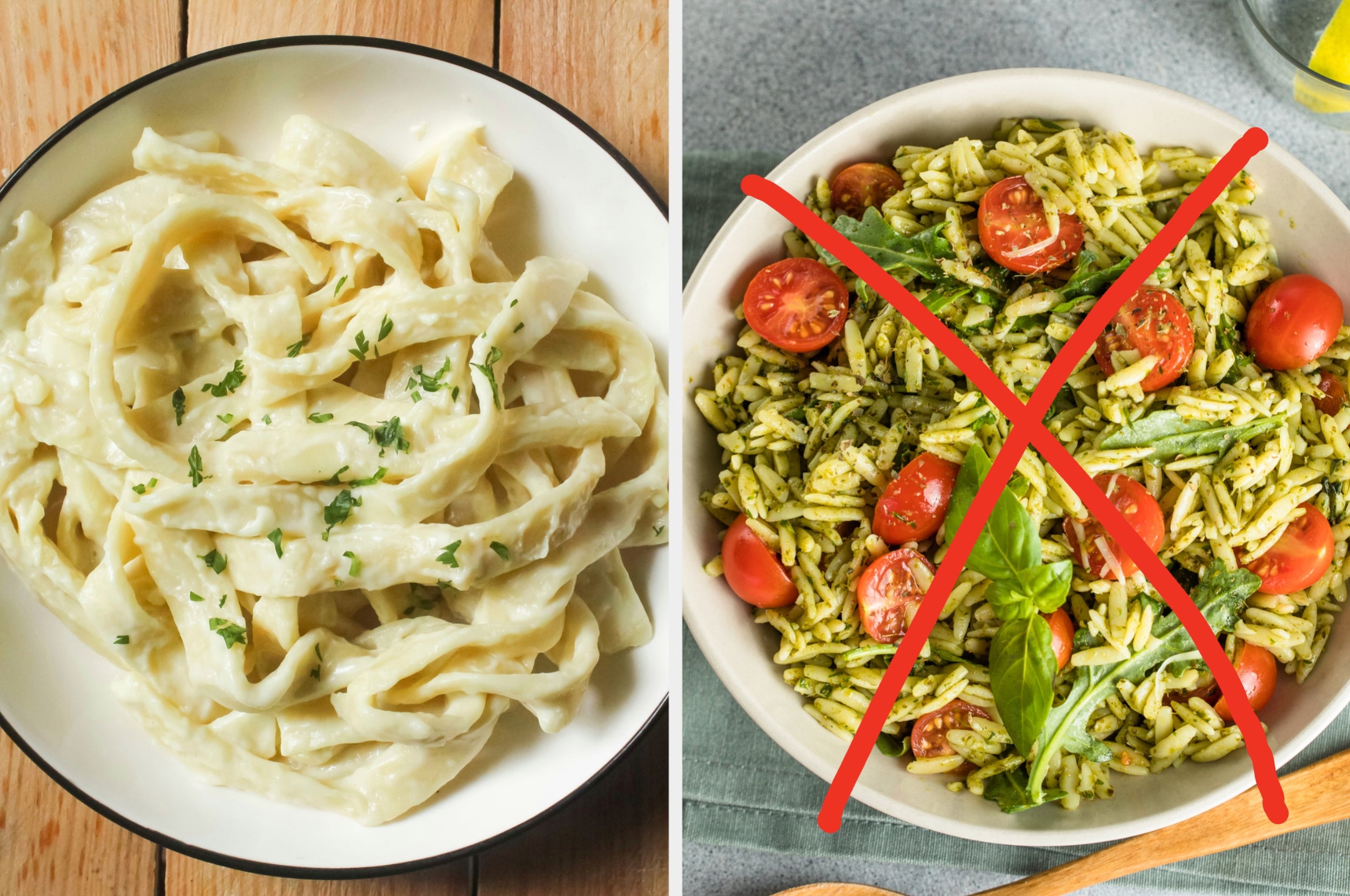 A plate of creamy pasta next to pesto pasta with tomatoes, overlaid with a red "X"