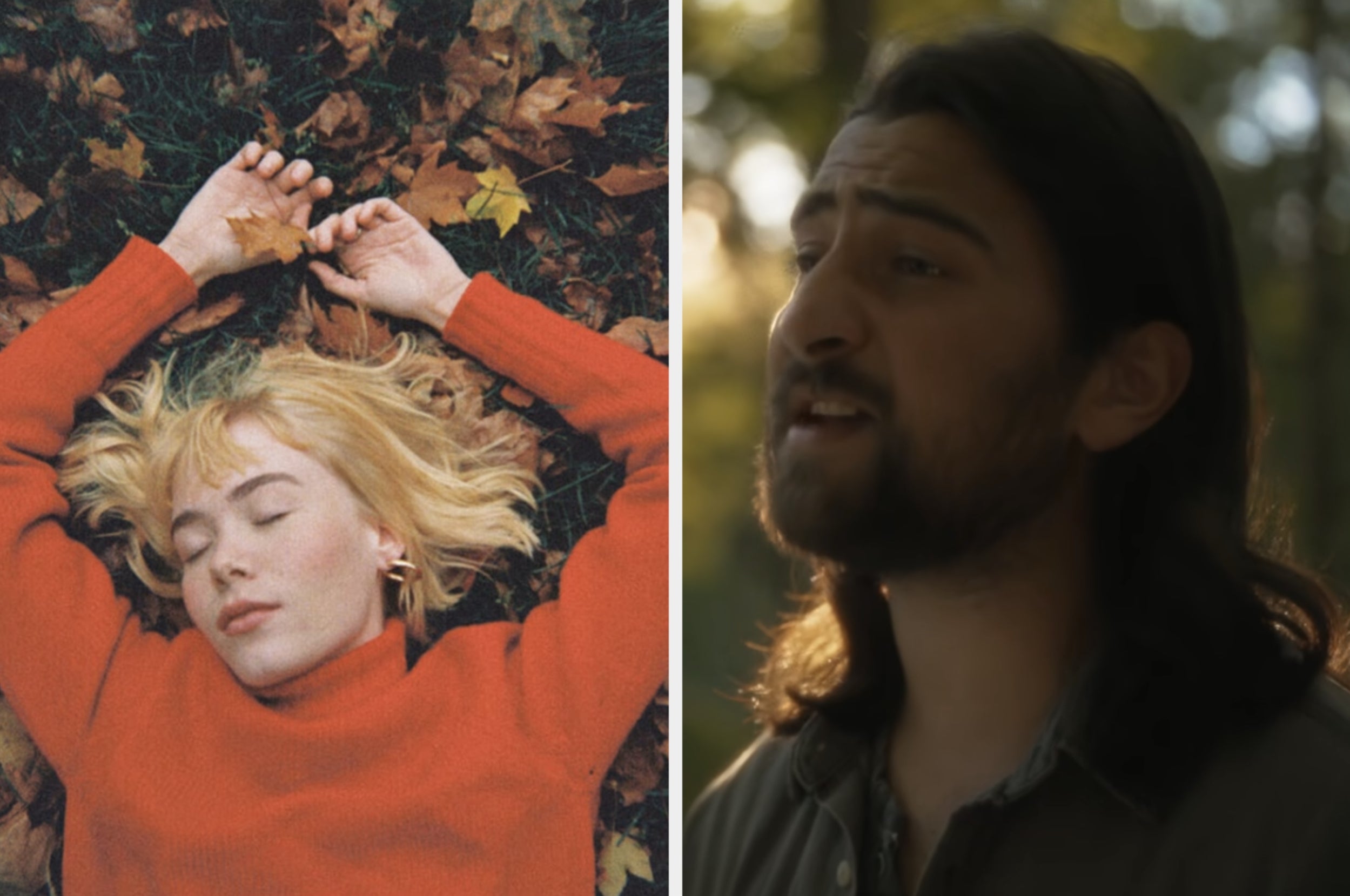 Left: Person lying on autumn leaves, eyes closed, wearing a sweater. Right: Person with long hair, speaking or singing outdoors