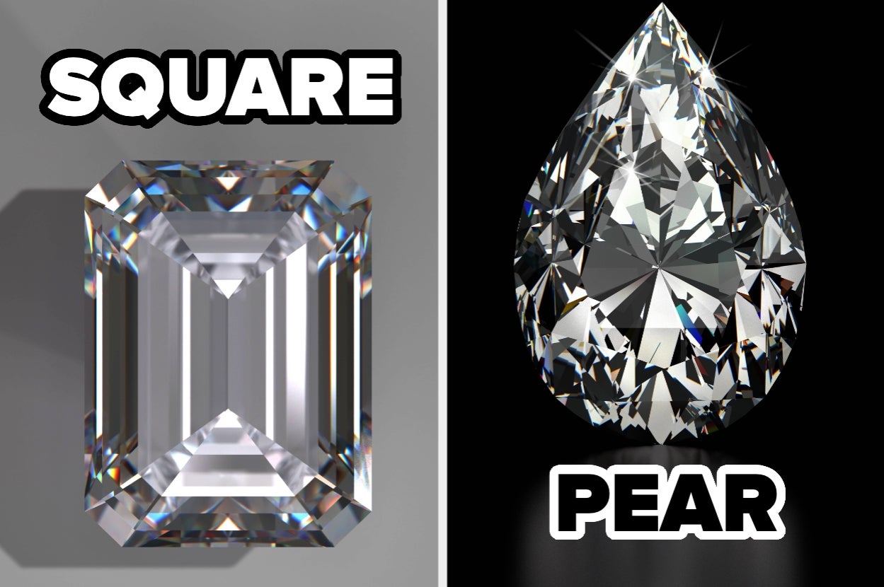 Comparison of square-cut and pear-cut diamonds, showcasing the distinct shapes and facets, often featured in wedding jewelry
