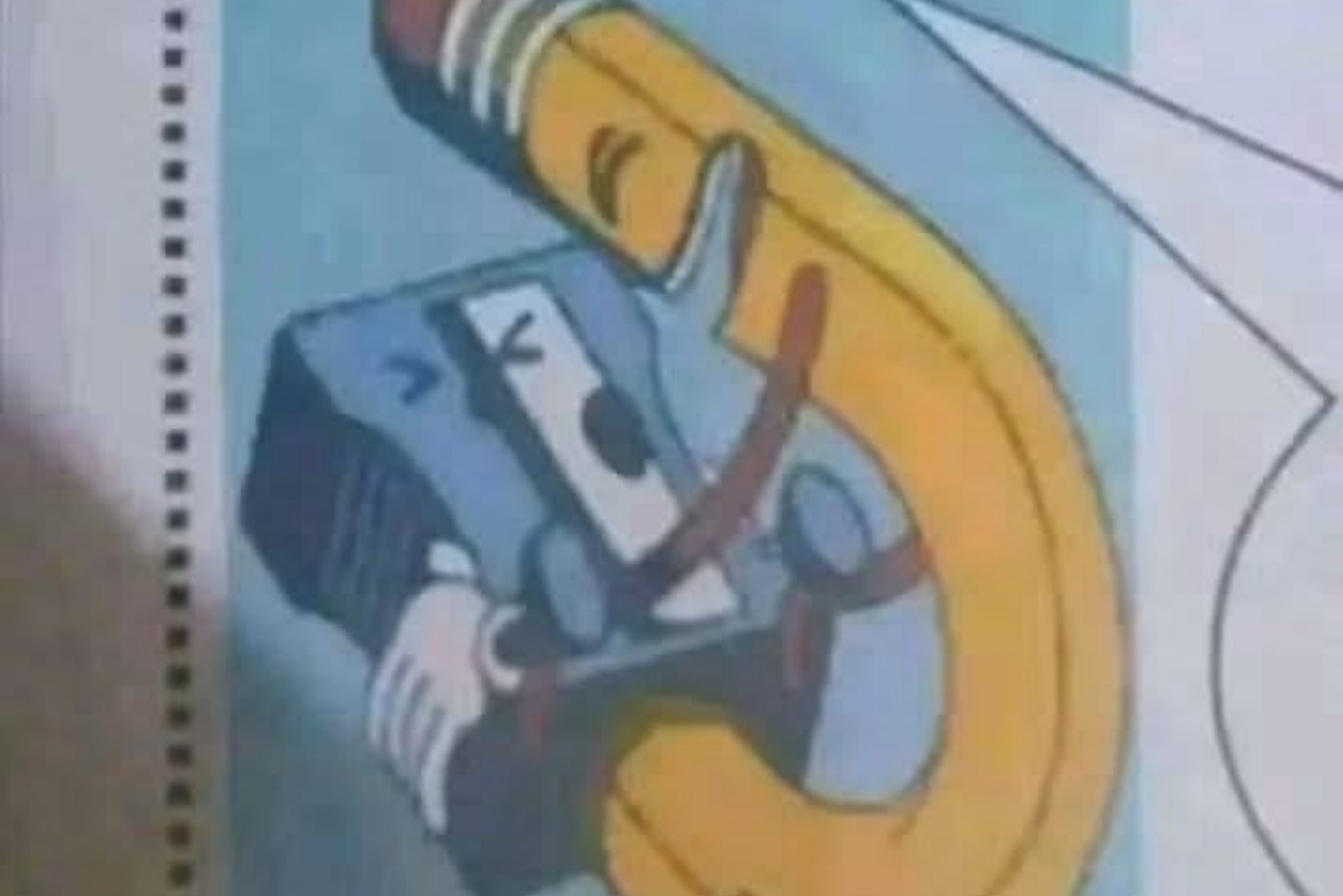 Cartoon of a pencil mascot holding a book, appearing joyful
