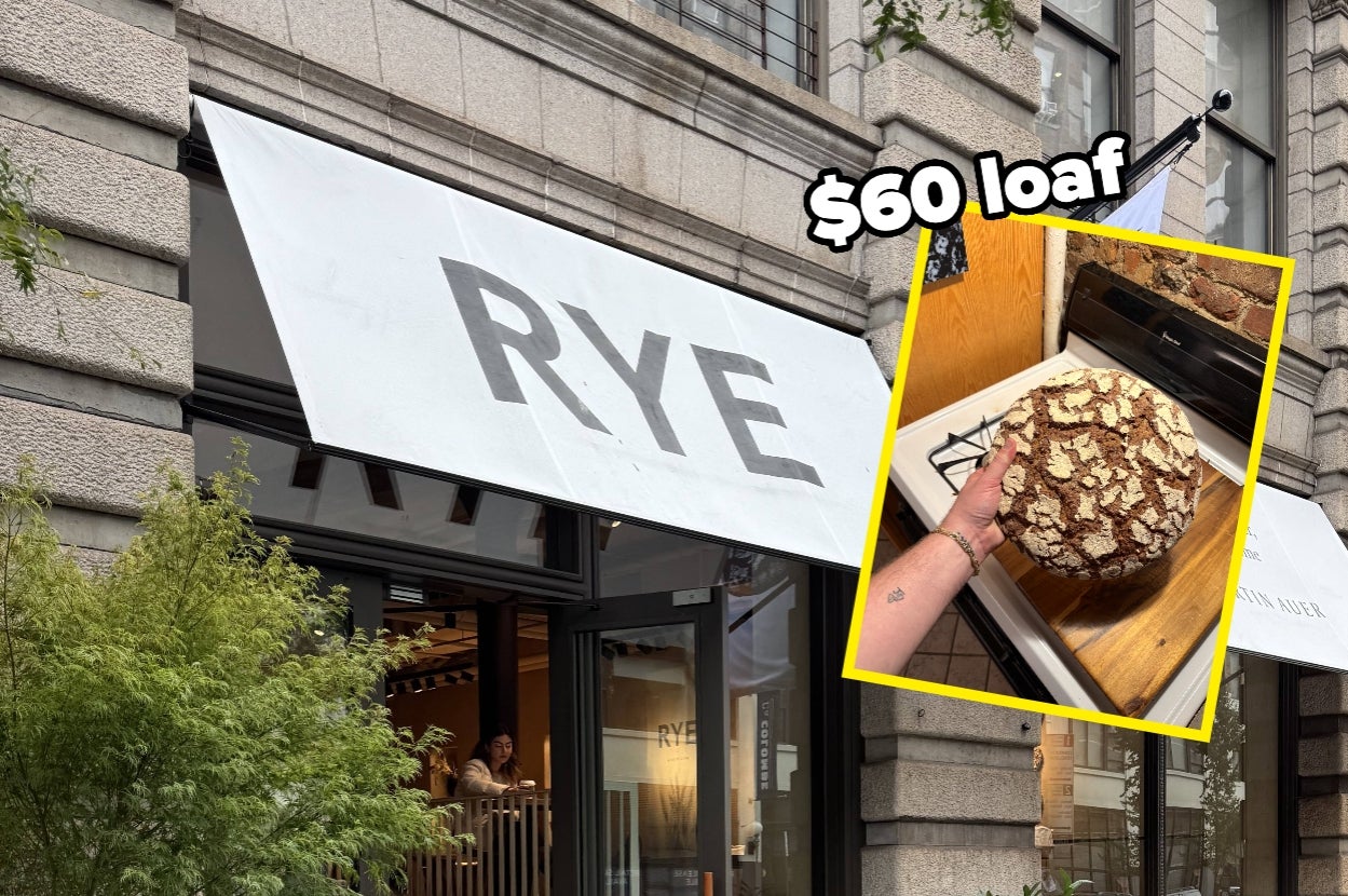 Bakery storefront with a sign that reads "RYE." Inset shows a hand holding a loaf priced at $60