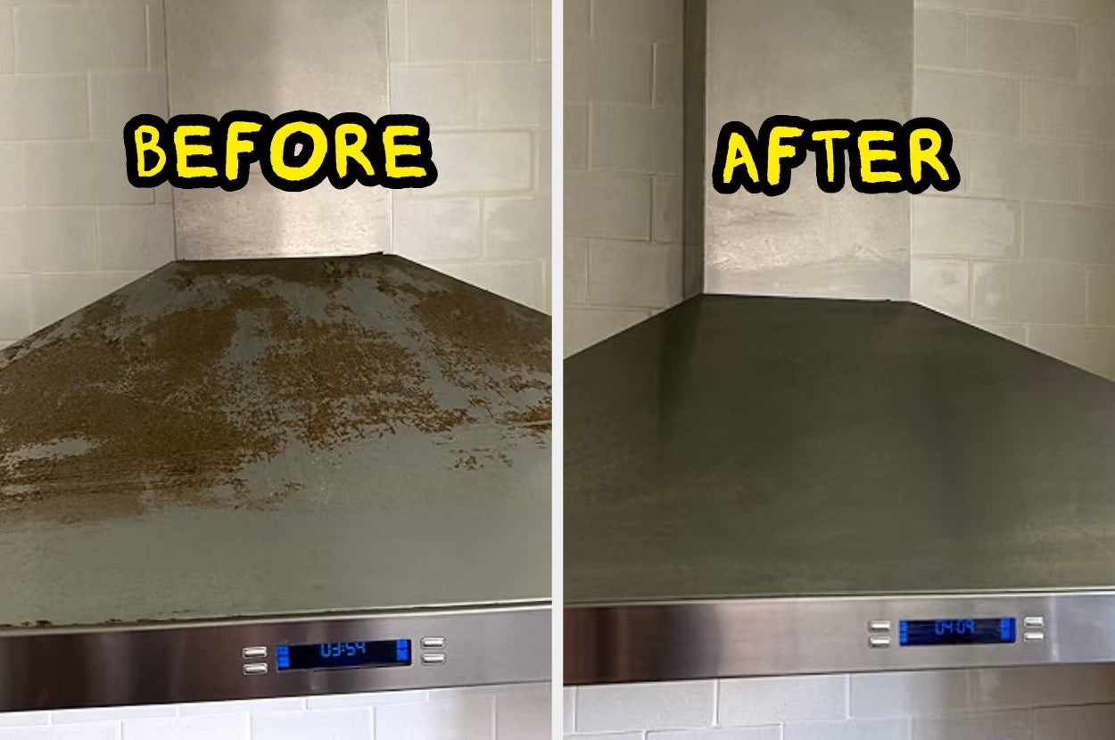 Before and after cleaning a stainless steel stove hood. Left shows grime; right shows a shiny, clean surface