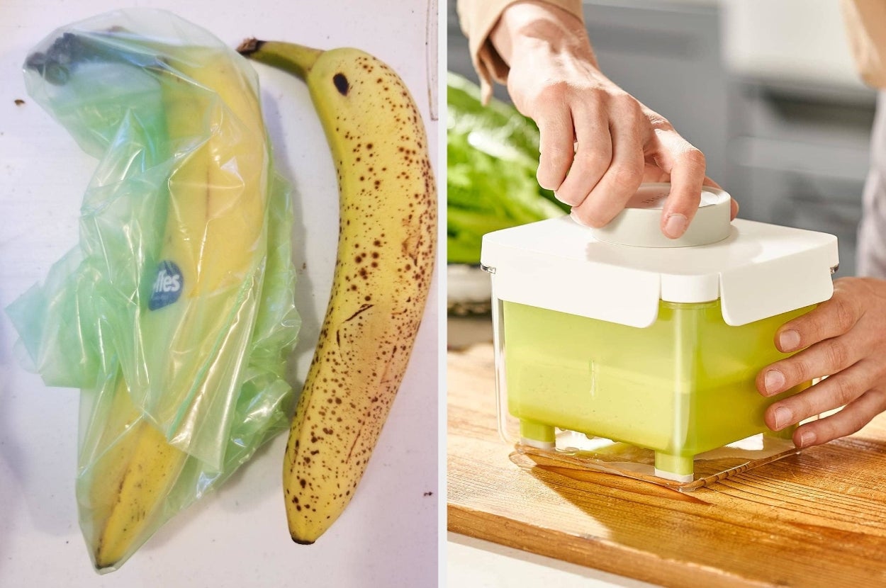 Left: Two bananas, one in a plastic bag. Right: Person using a green food storage container on a counter