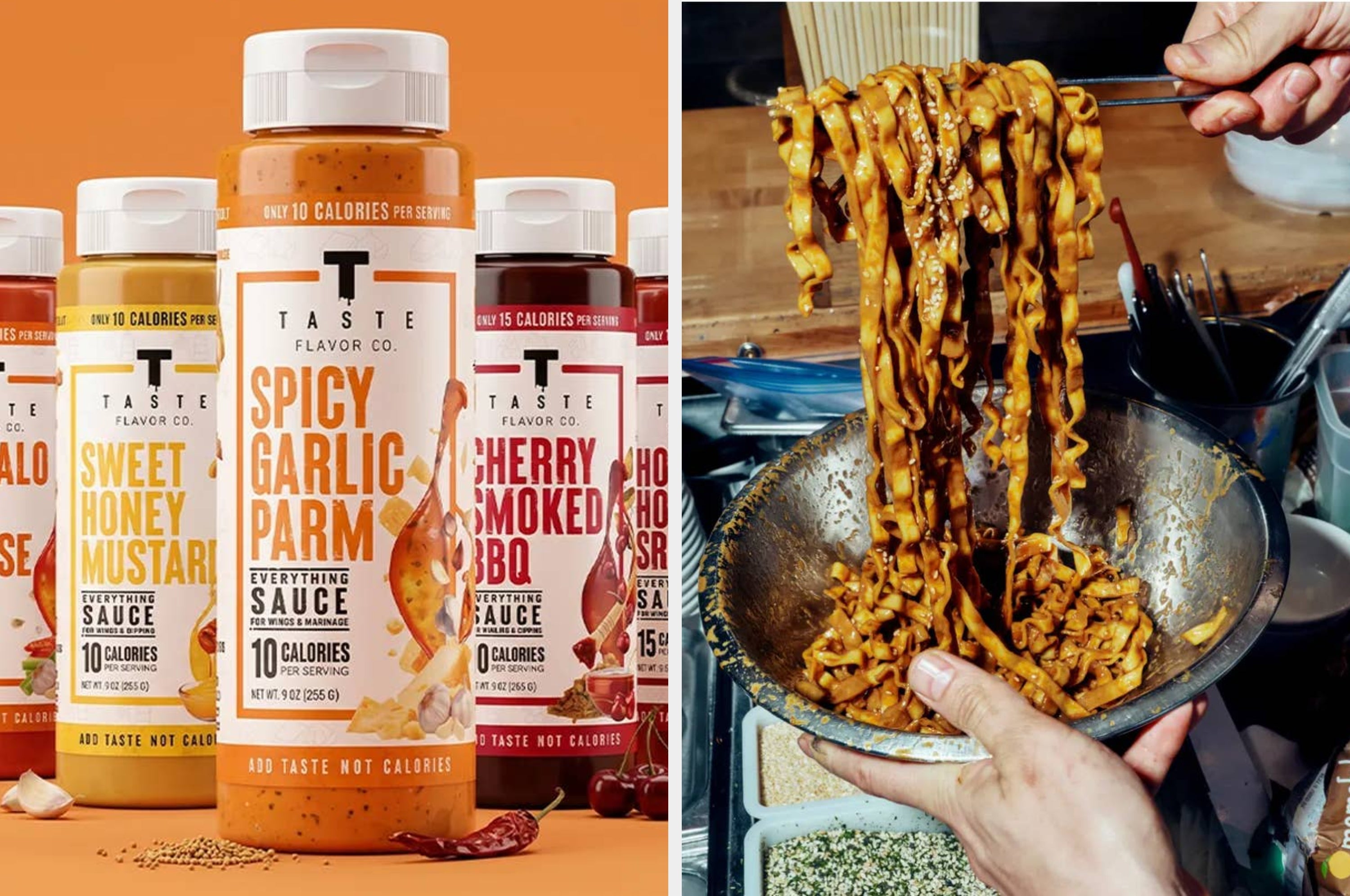 Left: Assorted TASTE Flavor Co. sauces. Right: Meat cooking with onions in a skillet, using a meat thermometer