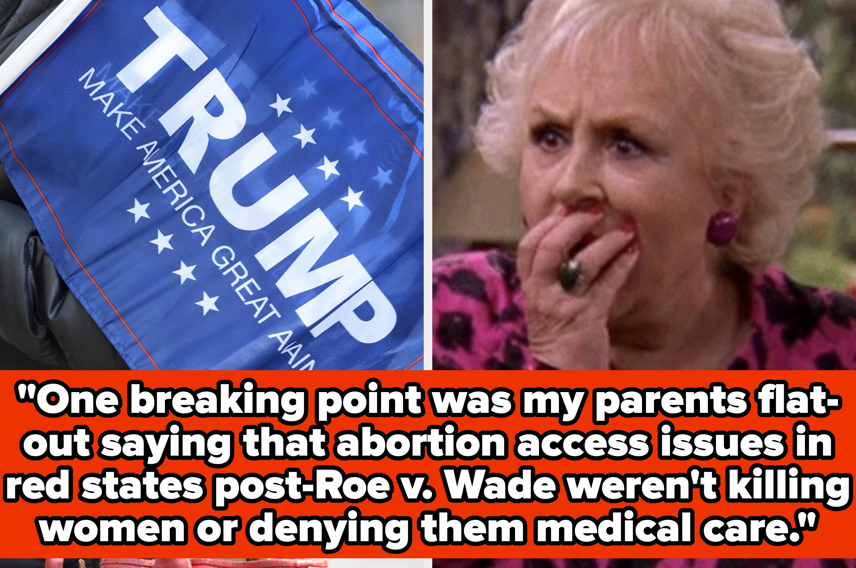 Split image: Left shows a person holding a Trump 2024 flag. Right shows an older woman with a surprised expression. Text discusses abortion access in red states