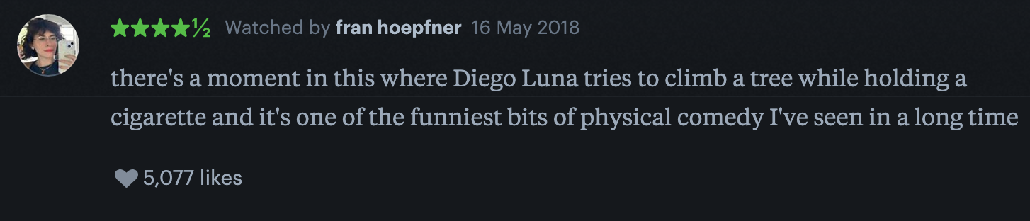 Review mentioning a comedic scene with Diego Luna climbing a tree while holding a cigarette, praised for its humor