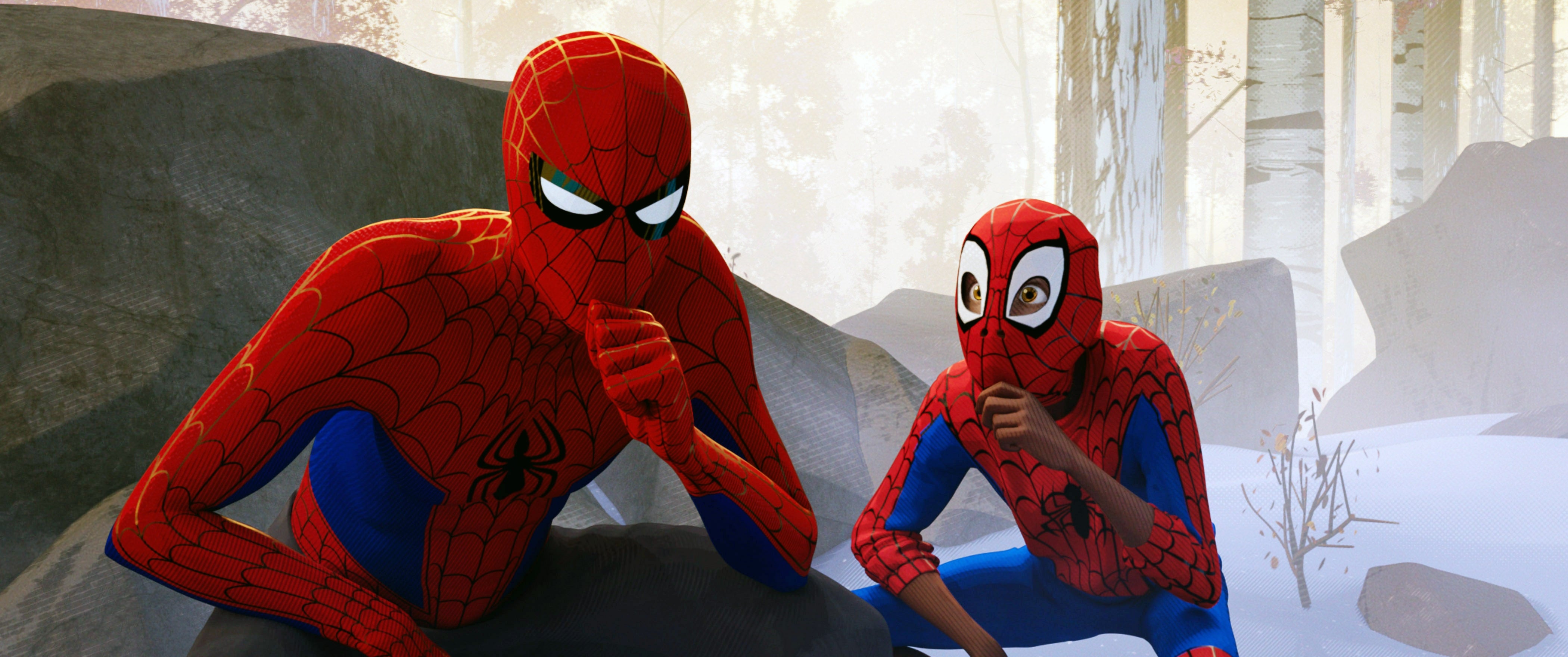 Two animated Spider-Men crouch in a forest, appearing contemplative, both wearing classic red and blue spider suits