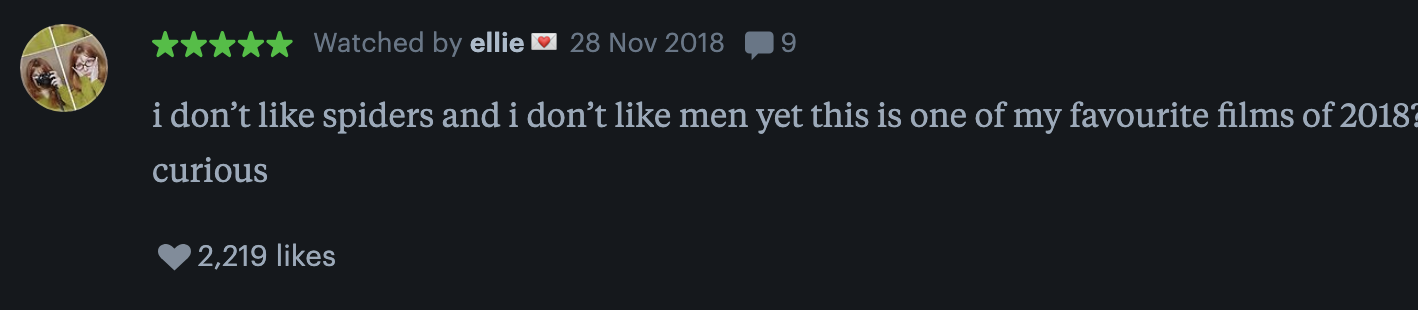 Review from Nov 2018: "I don't like spiders and I don't like men yet this is one of my favorite films of 2018. Curious."