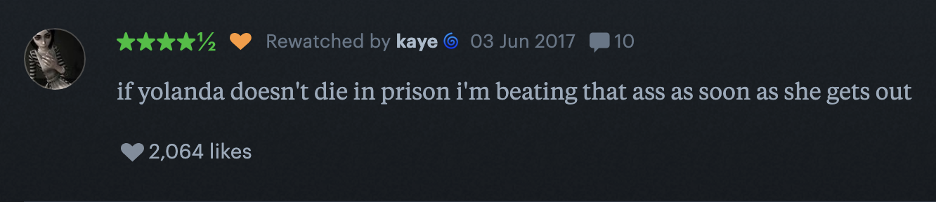 Review comment from Kaye in 2017 with 2,064 likes expressing anger towards Yolanda if she doesn't die in prison
