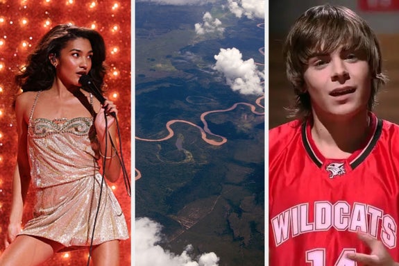 Left: Woman in a shimmering dress performing. Center: Aerial view of winding river and landscape. Right: Person in a "Wildcats" basketball jersey