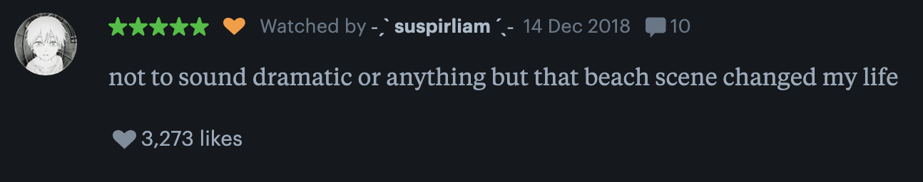 Post from user suspiriiam: "not to sound dramatic or anything but that beach scene changed my life." 3,273 likes