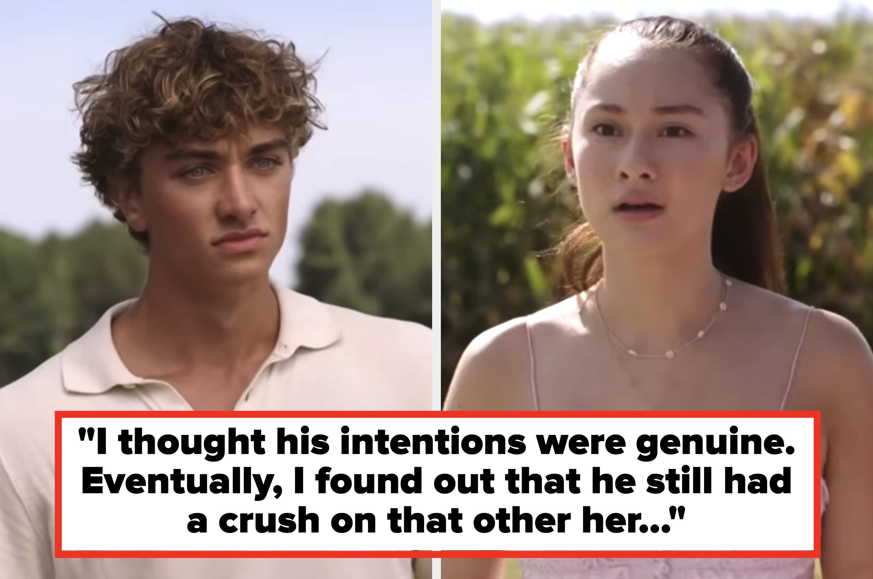 Side-by-side images of Gavin Casalegno playing Jeremiah and Lola Tung playing Belly in "The Summer I Turned Pretty." The two characters argue on the side of the road near a cornfield during the day