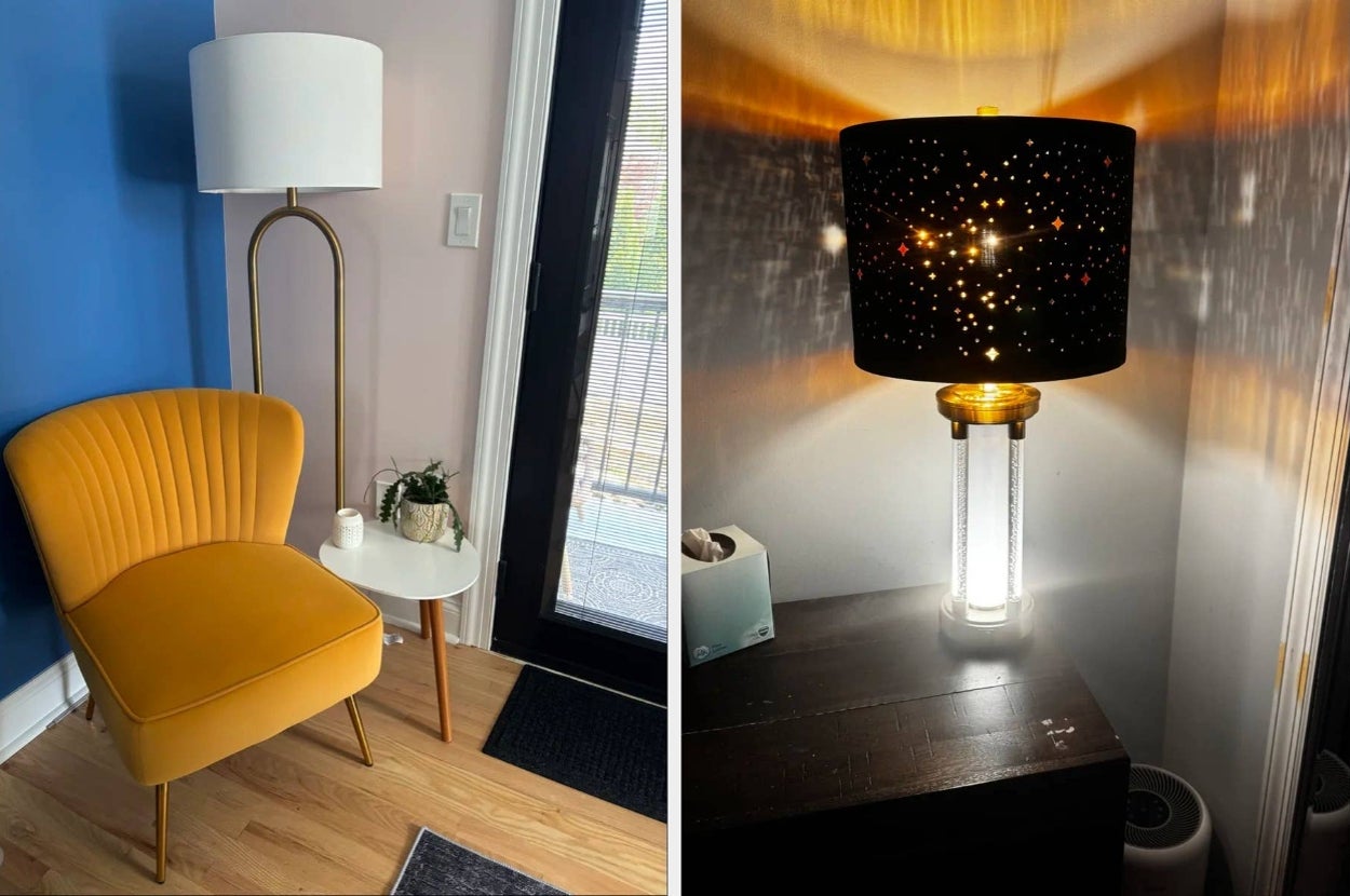 Left: Living room with a mustard chair, white side table, and floor lamp; right: a decorative table lamp casting star-patterned light