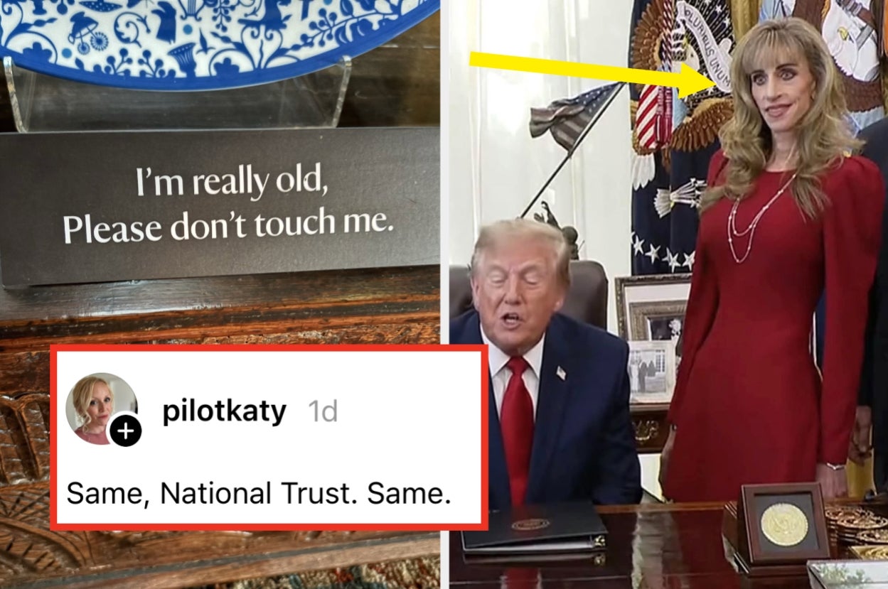 Old dish with "I'm really old, please don't touch me" sign. Comment below says "Same, National Trust. Same." with a woman in red beside a seated man