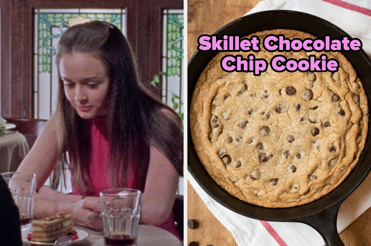 On the left, Rory Gilmore looking down at a piece of tiramisu, and on the right, a skillet chocolate chip cookie