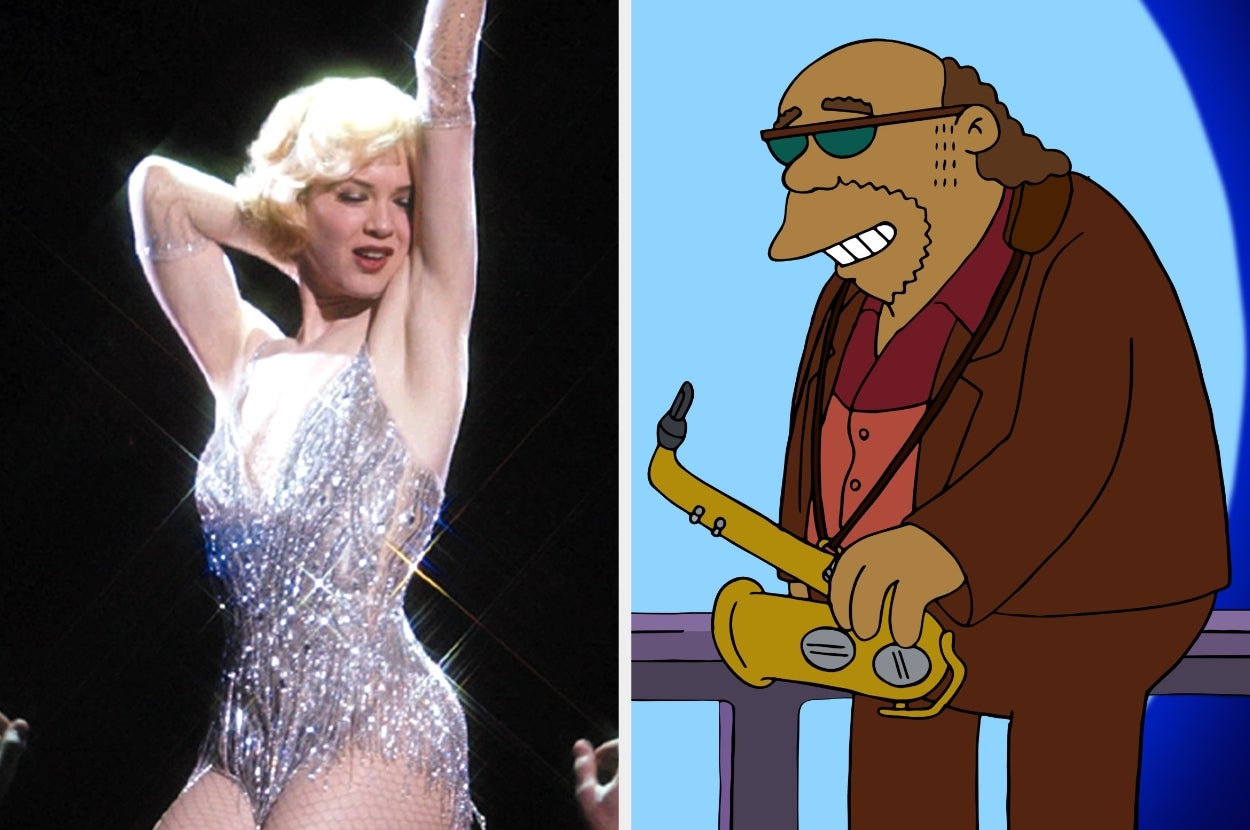 Left: Person performing in a sparkling outfit with hands raised. Right: Cartoon character with sunglasses playing a saxophone
